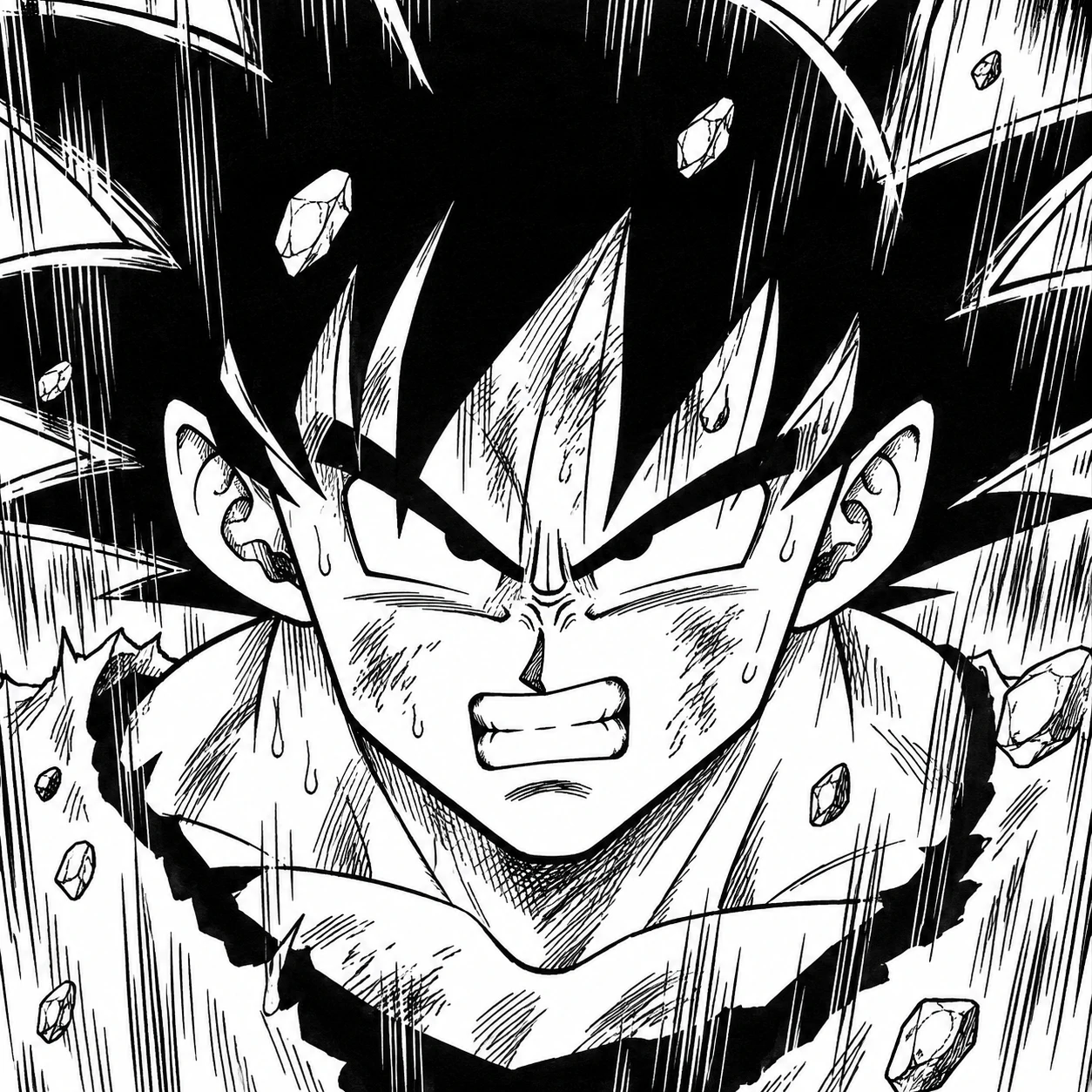 Black-and-white manga panel profile picture of Goku powering up.