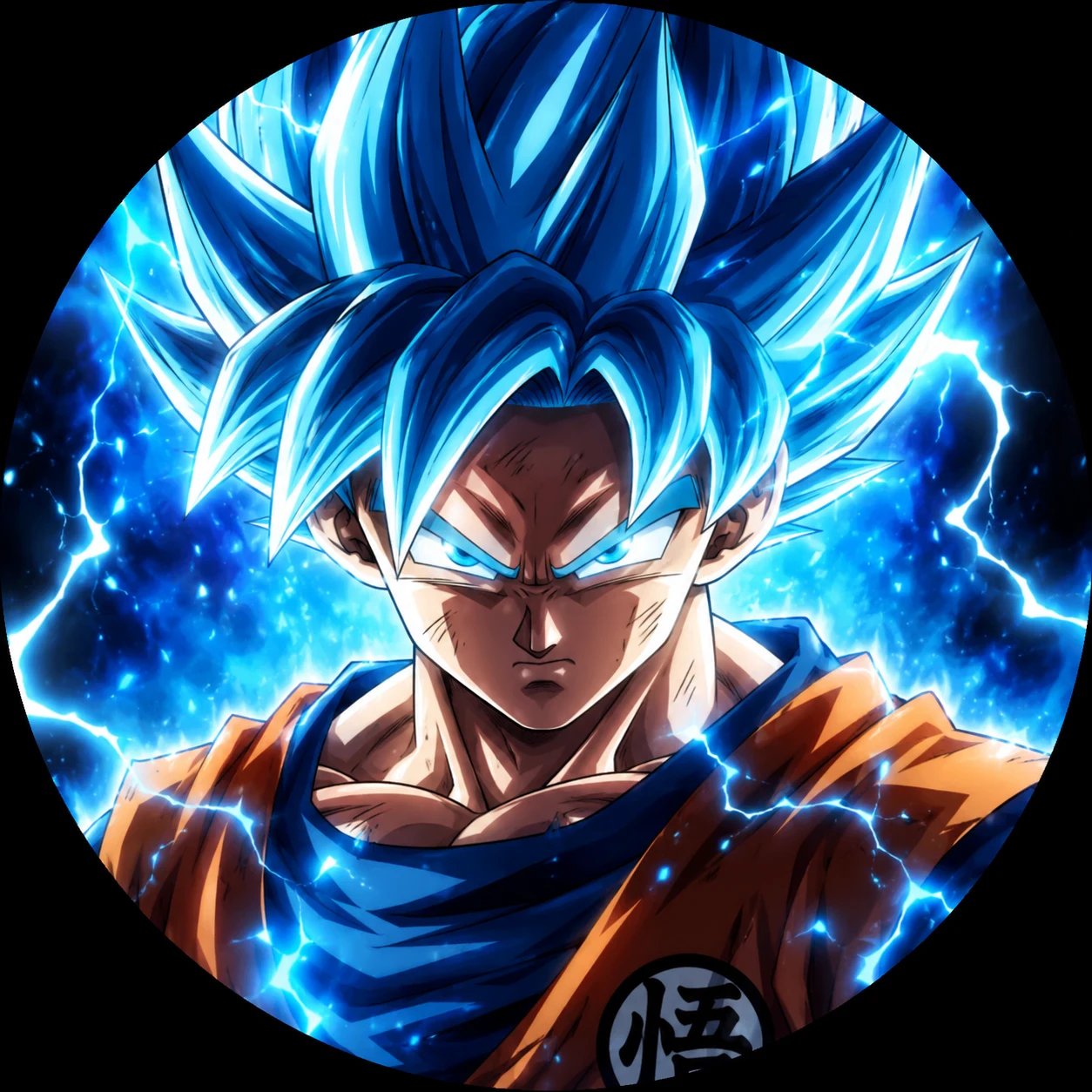Super Saiyan Blue Goku avatar with icy aura, intense expression.
