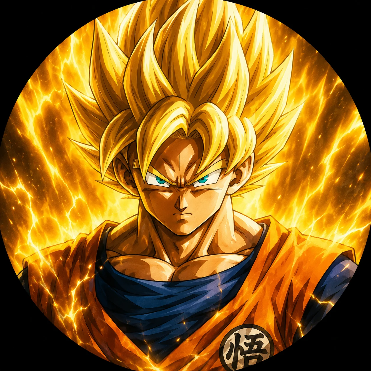 Goku Super Saiyan profile picture with golden aura and blue-green eyes.
