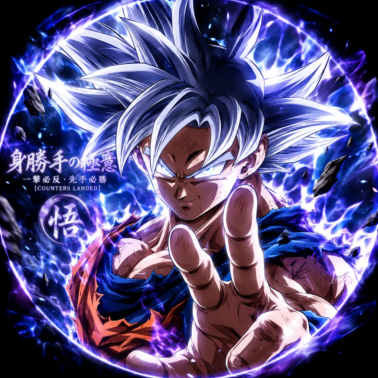 Goku in Ultra Instinct form landing his counters pose.