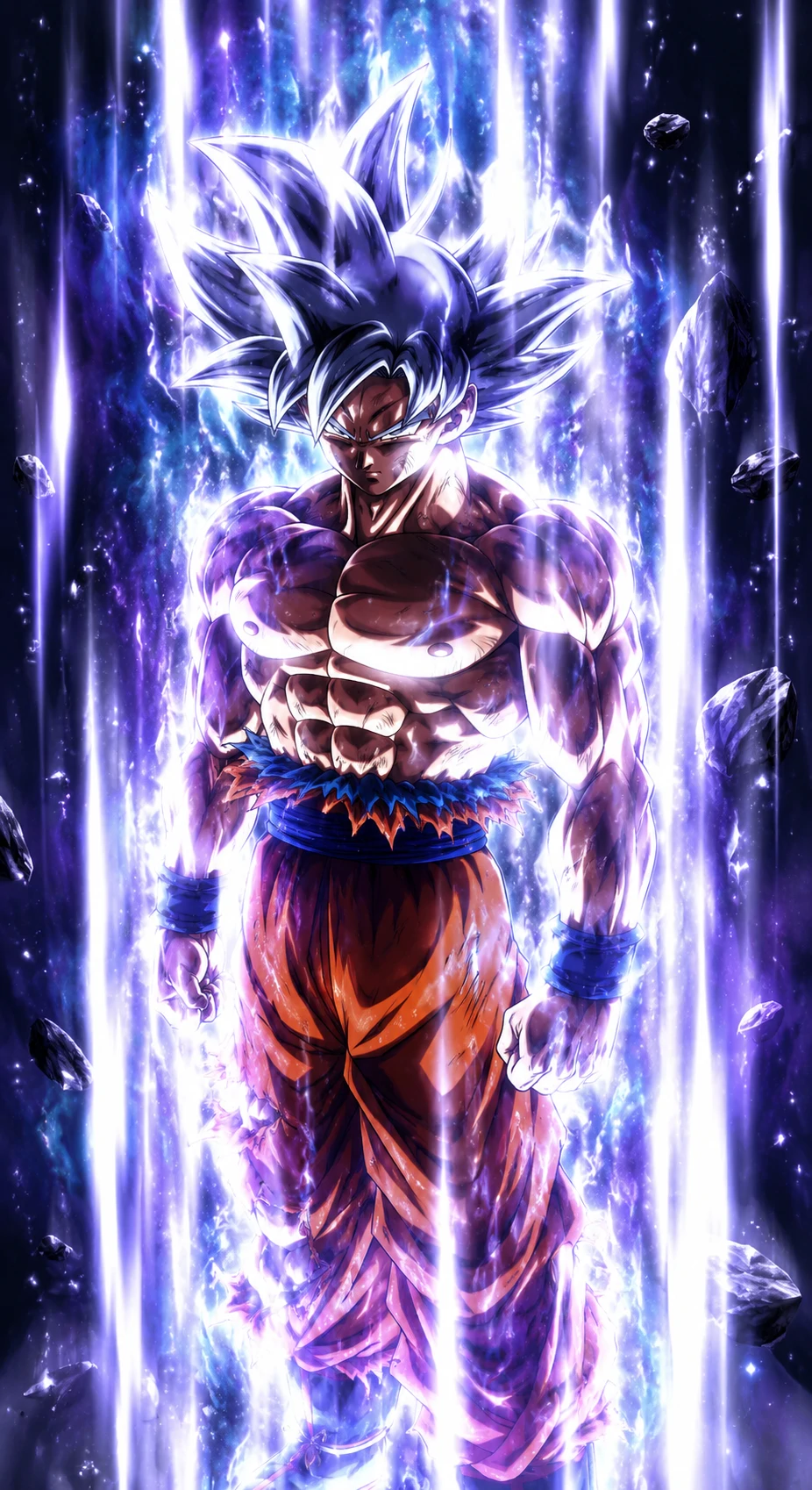 Ultra Instinct Goku vertical profile picture with vertical glow streaks.
