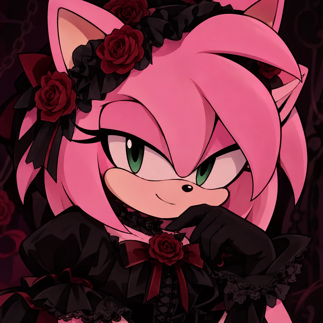 Goth Amy Rose PFP in a black lolita dress with dark red rose accents