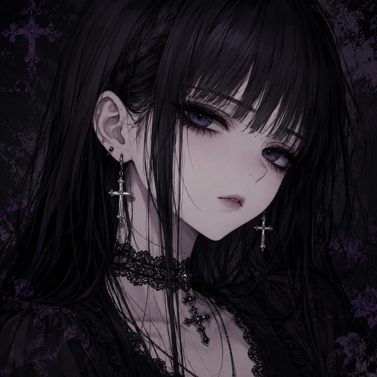 Gothic emo anime girl PFP with a black lace choker, cross earrings and pale skin
