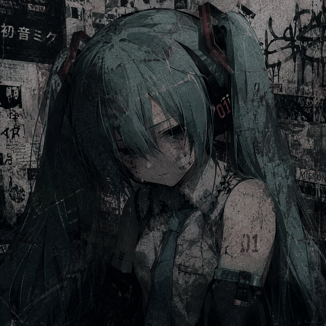 Grunge Hatsune Miku PFP with dark filter, grain texture and muted teal hair