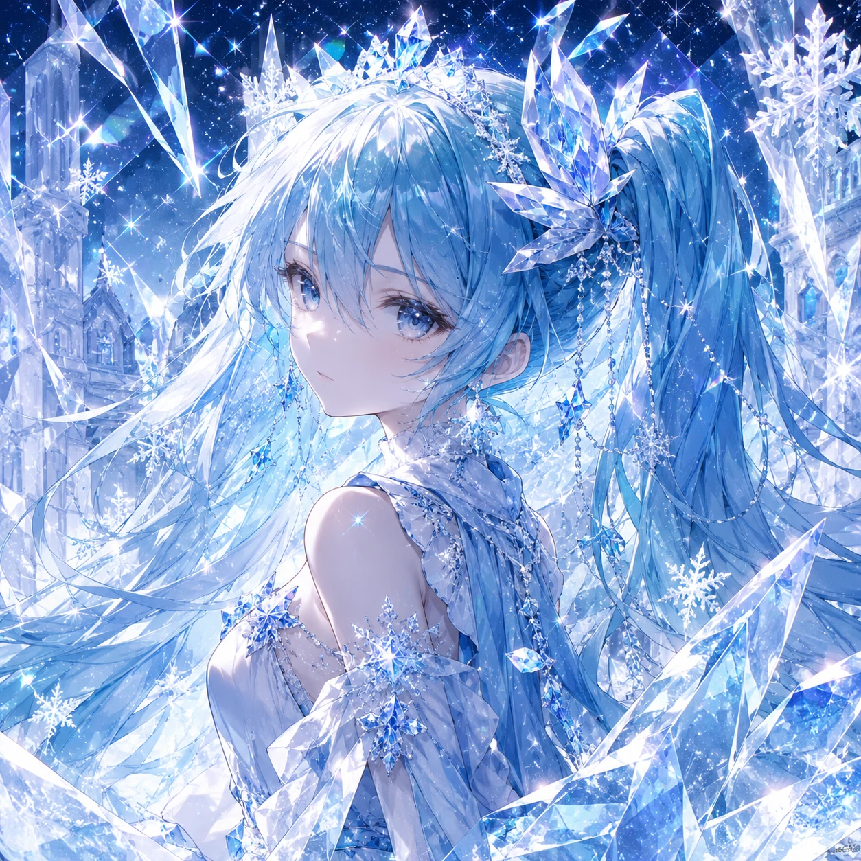 4K Hatsune Miku PFP with crystal ice effects and sparkling frozen details