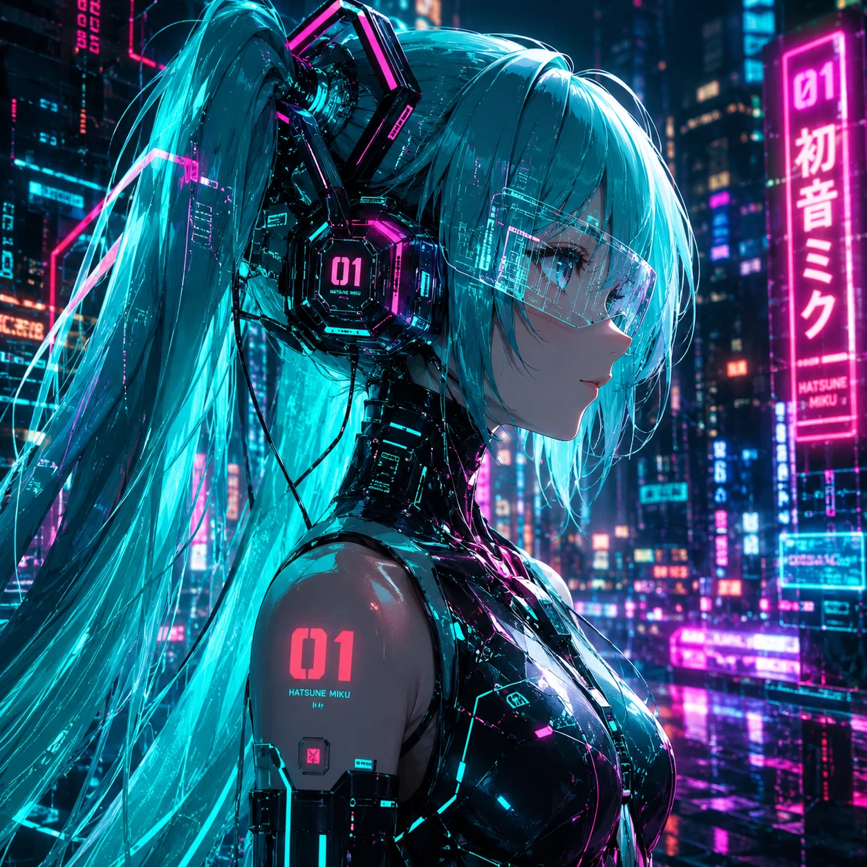 4K Hatsune Miku profile picture with cyberpunk circuitry and neon details