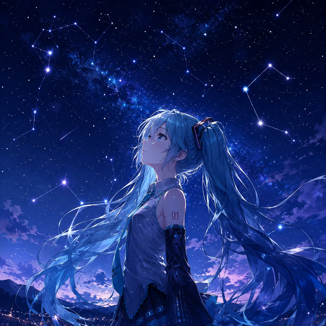 Aesthetic Hatsune Miku PFP under a starry night sky with glowing constellations