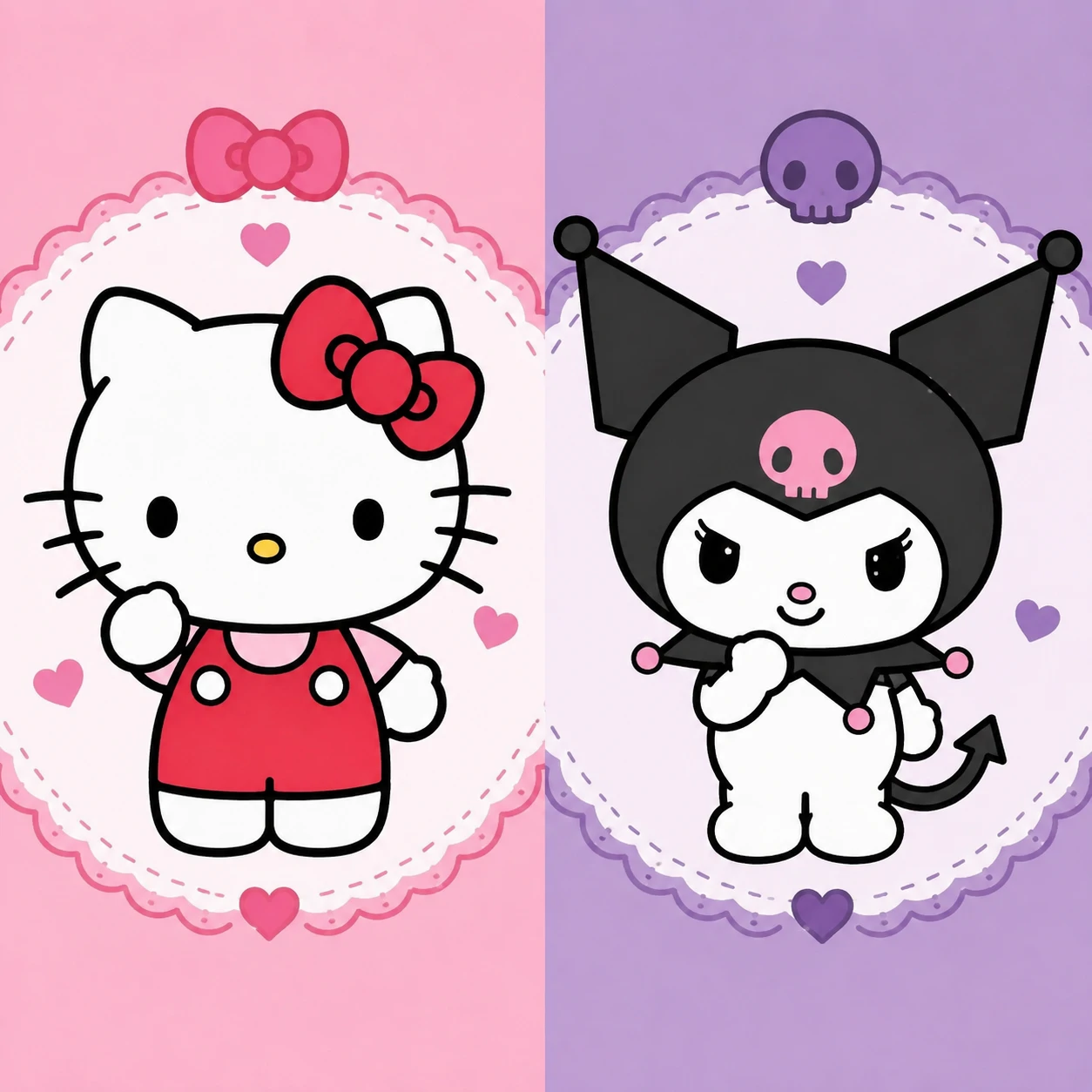 Friend-style matching PFP of Hello Kitty and Kuromi drawn in modern Sanrio friend style.