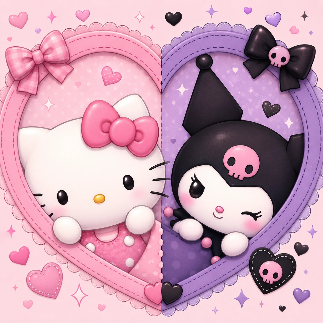 Sparkle overlay Hello Kitty and Kuromi matching PFP with glitter texture.