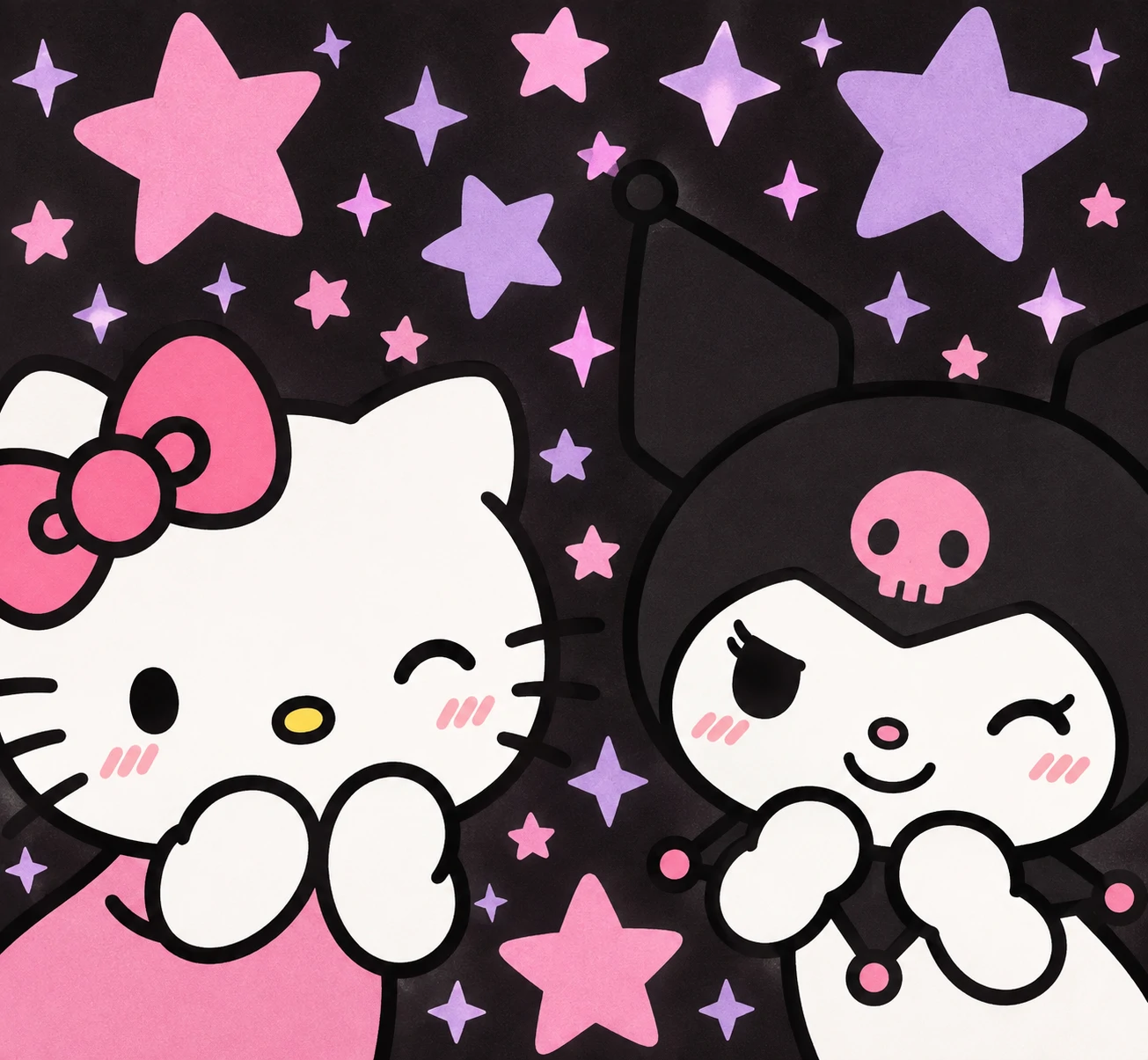 Cute matching PFP set of Hello Kitty and Kuromi with heart-shaped border.