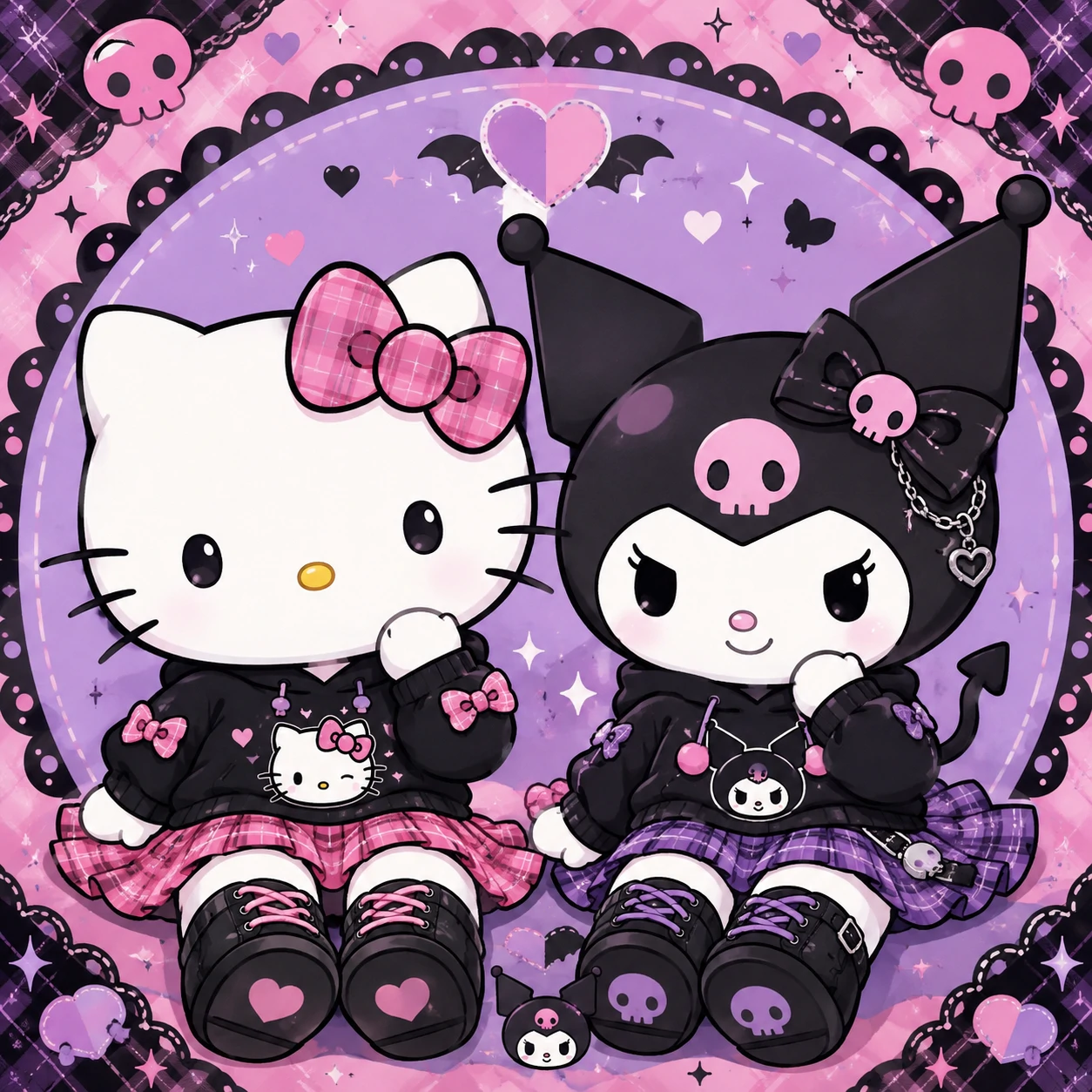 Mirror duo matching PFP of Hello Kitty and Kuromi with shared star background.