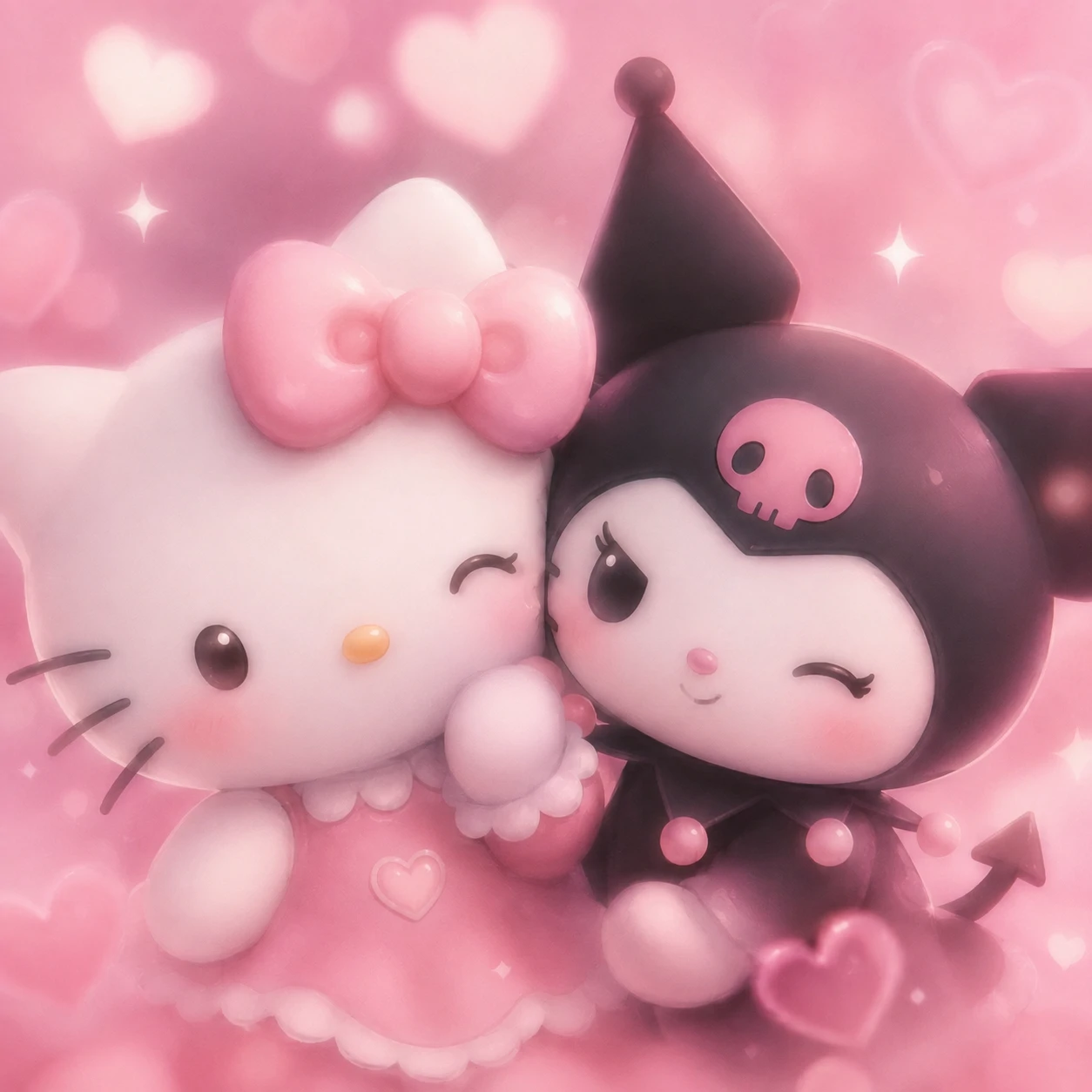 Soft edit Hello Kitty and Kuromi matching PFP with blurred pink background.