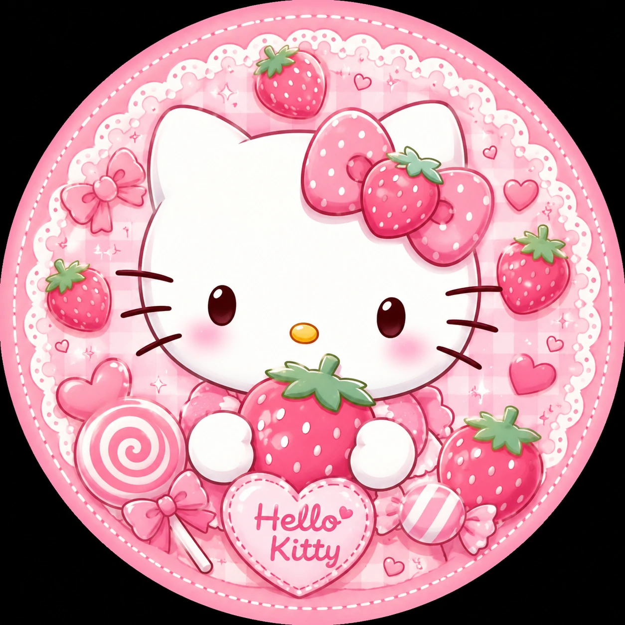 Hello Kitty pink pfp with strawberry details and candy pastel colors