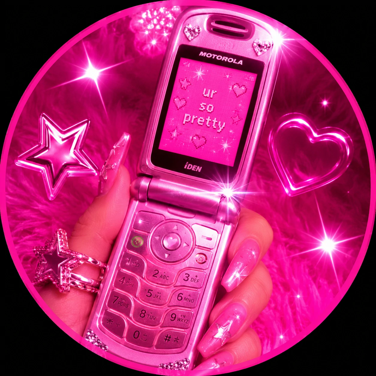 Hot pink Y2K pfp with a flip phone and sparkly flash effects