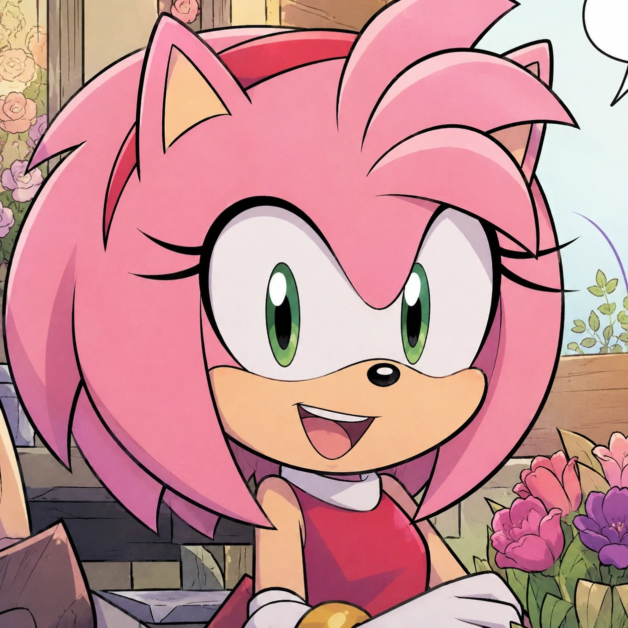 Smiling IDW Amy Rose icon from a lighter comic moment with soft pastel tones