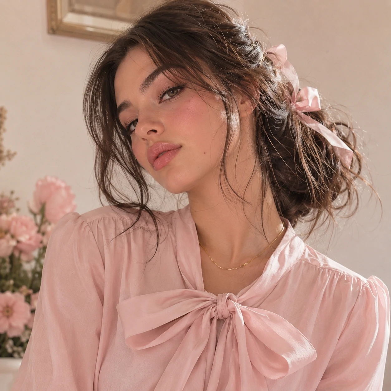 It girl coquette PFP wearing a bow blouse and a thin gold chain.