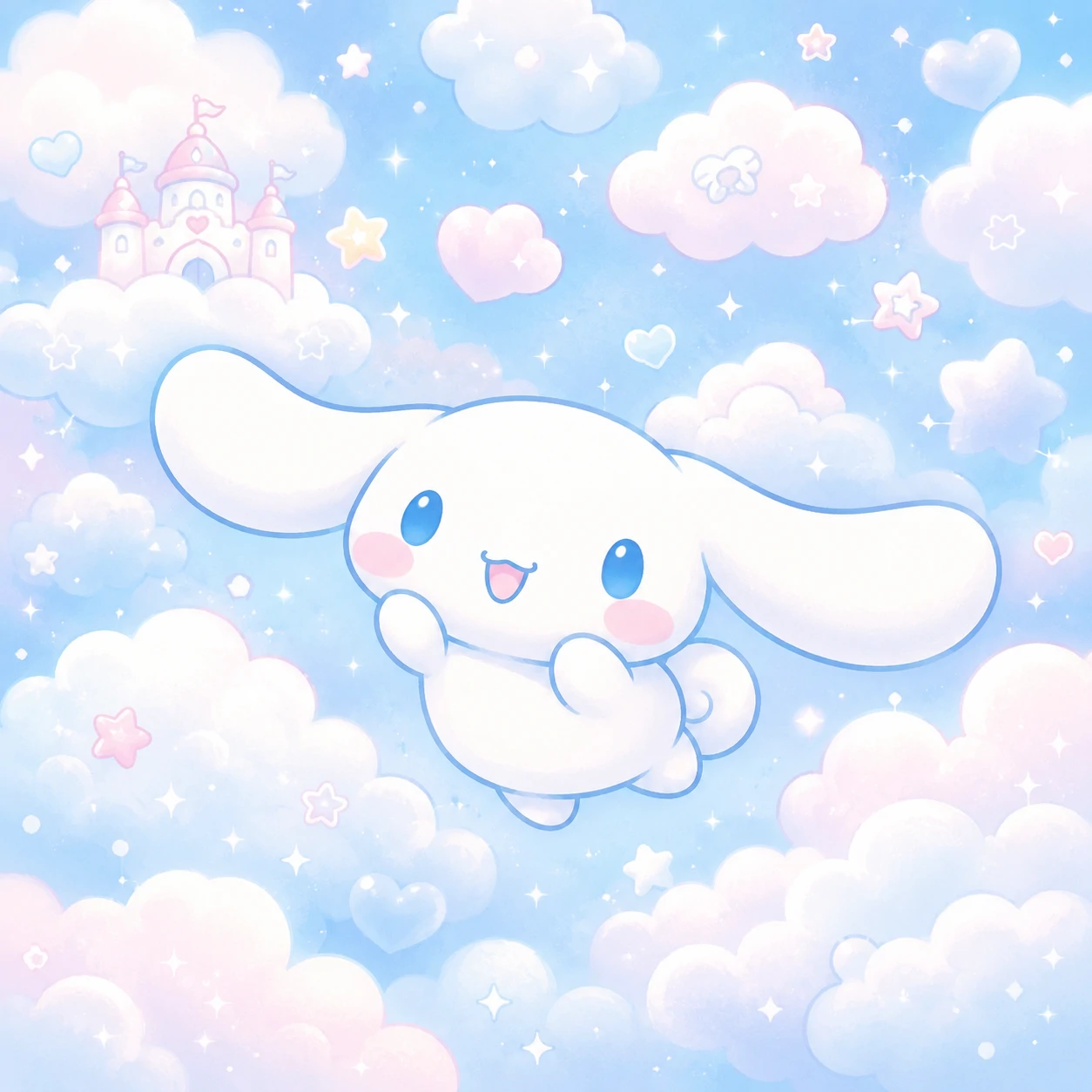 Cinnamoroll kawaii cute pfp floating on a fluffy pastel cloud background