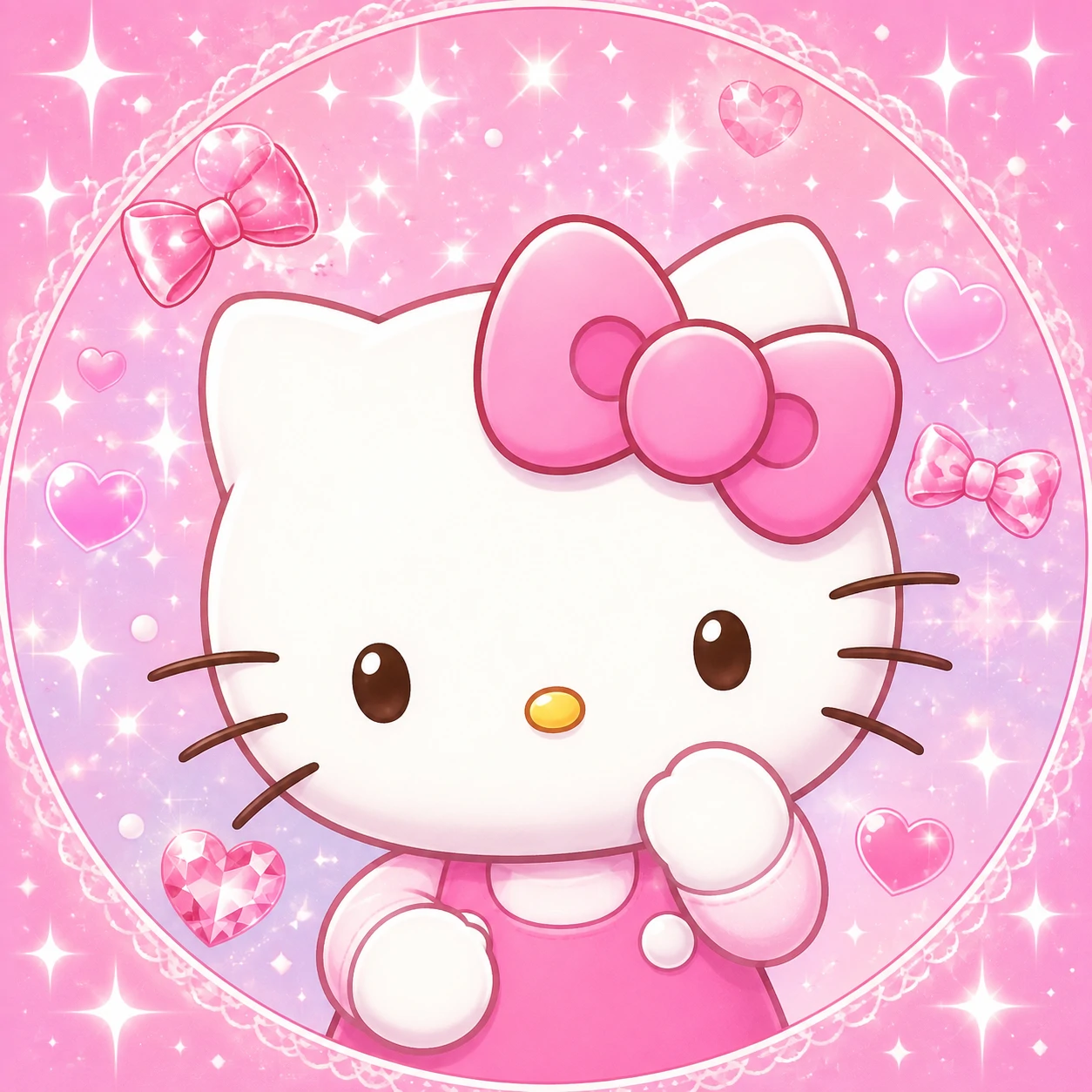 Kawaii cute pfp featuring Hello Kitty with a pink bow on a pastel sparkle background
