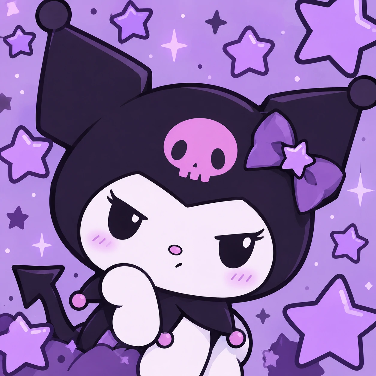 Kuromi kawaii cute pfp with purple stars and a slightly moody expression