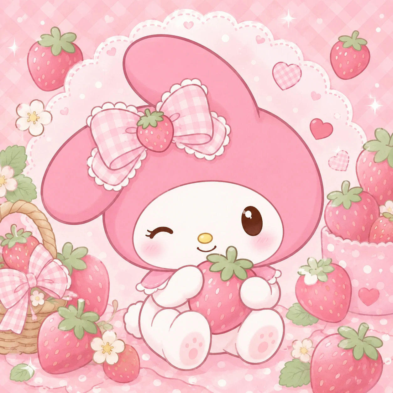 My Melody kawaii cute pfp with strawberry details and pink pastel background