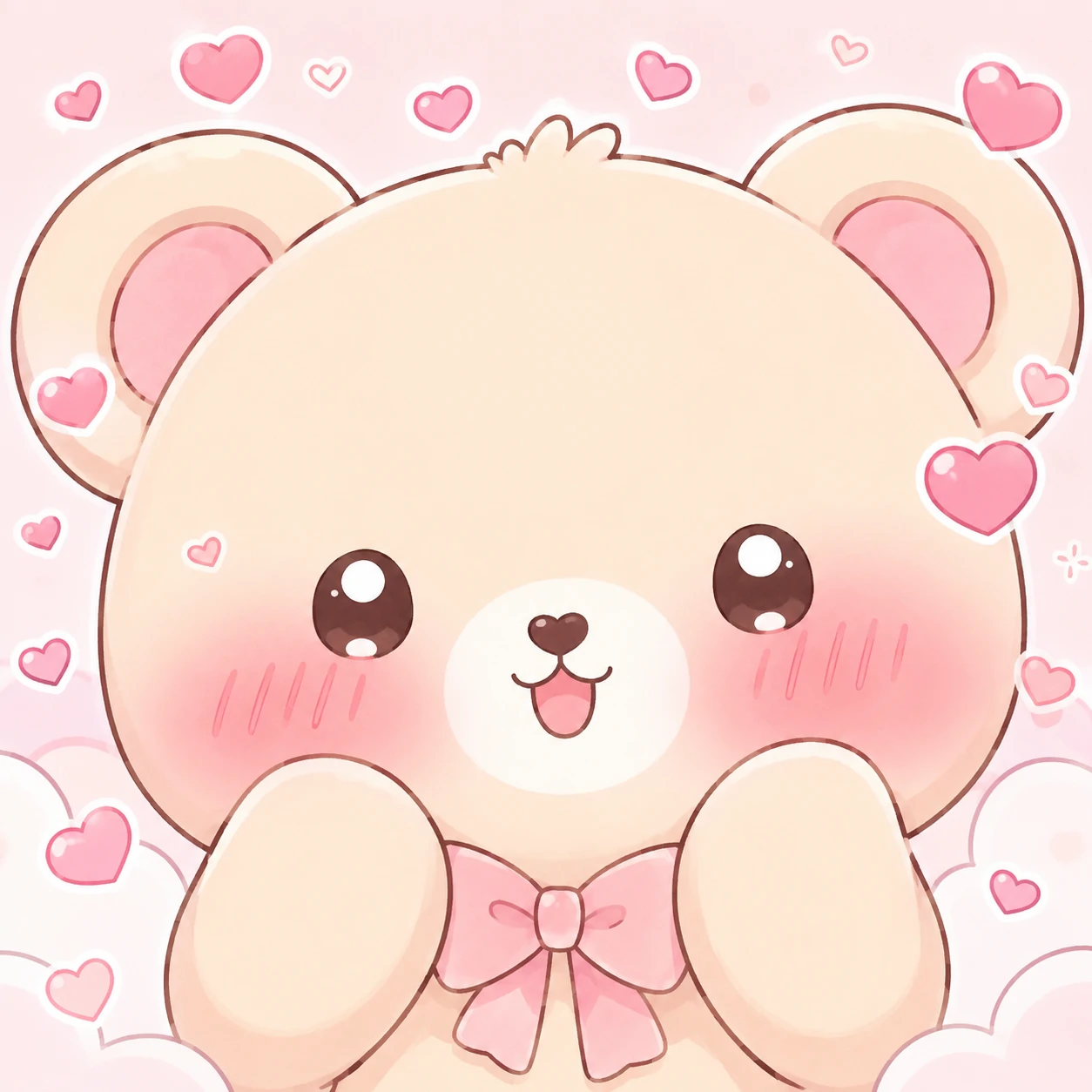 Pastel bear kawaii cute pfp with heavy blush and tiny hearts around its head