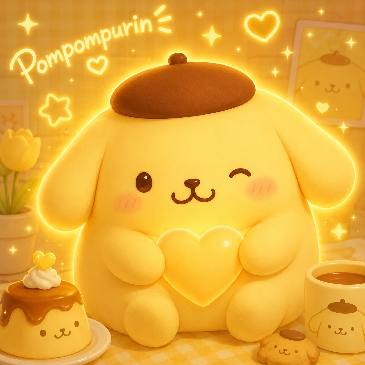 Pompompurin kawaii cute pfp with warm yellow glow and pastel background
