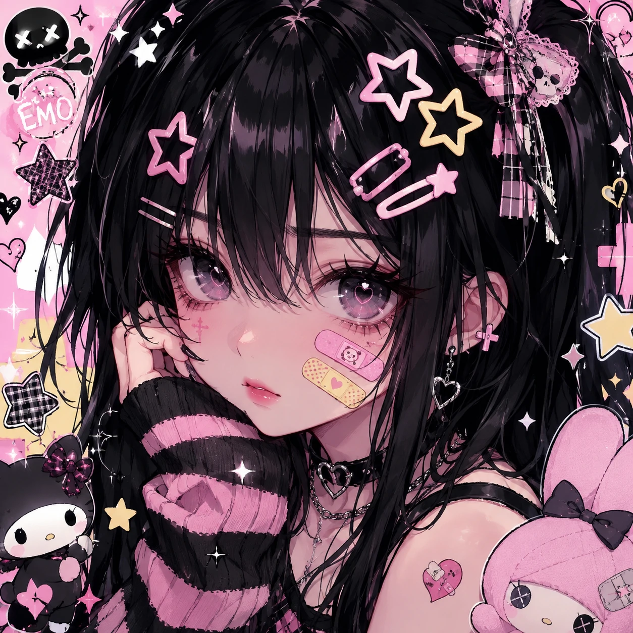 Kawaii-style emo PFP featuring cheek bandaids and pastel star hair clips