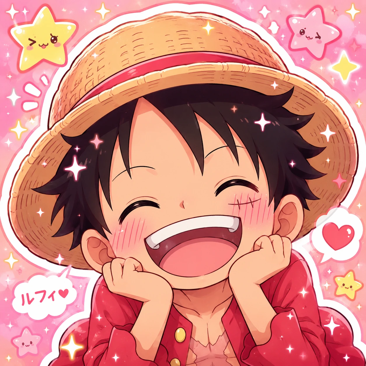 Kawaii Luffy cute PFP with blush marks and star sparkles