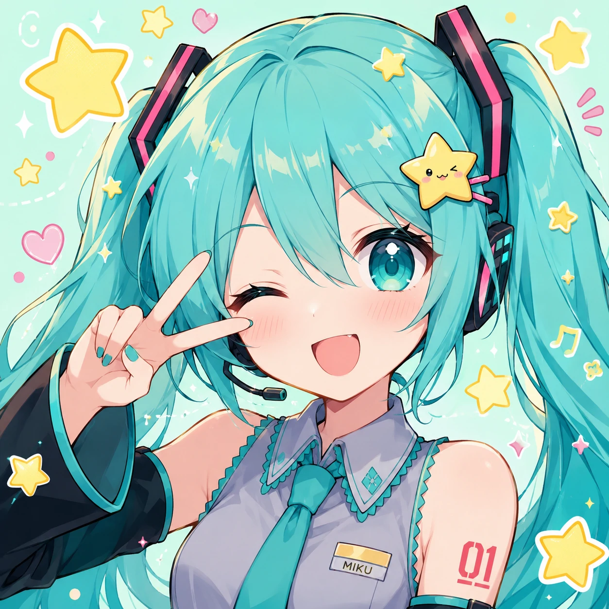 Kawaii Miku PFP winking with a peace sign and yellow star accents