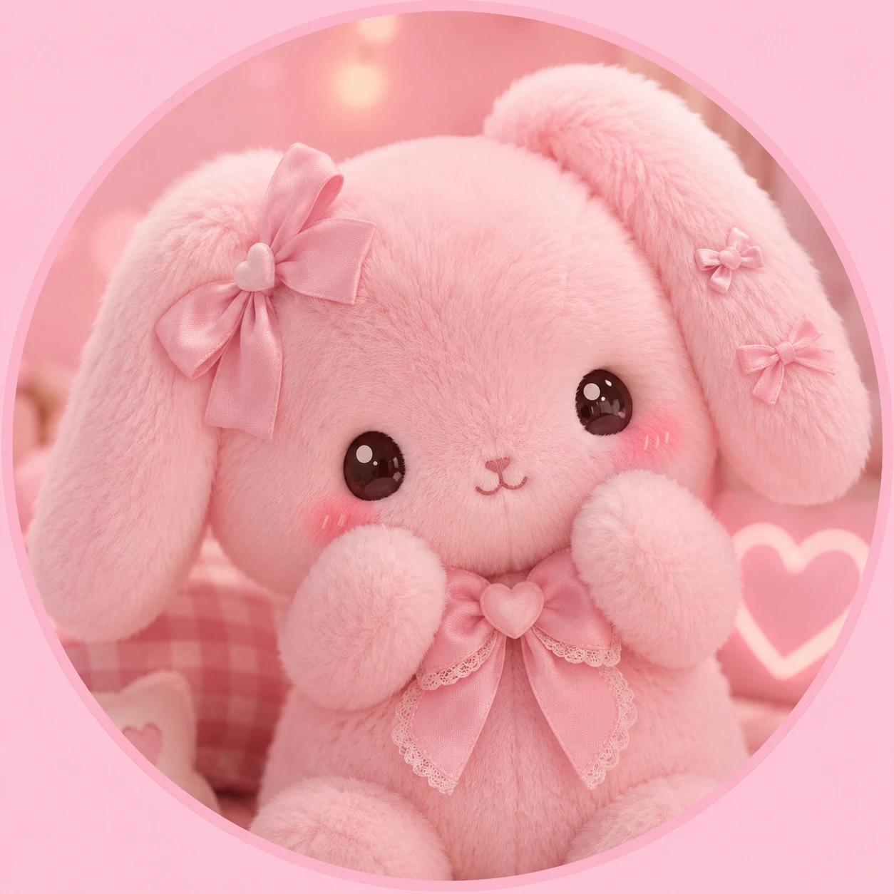 Kawaii pink pfp of a plush bunny with bows and soft lighting