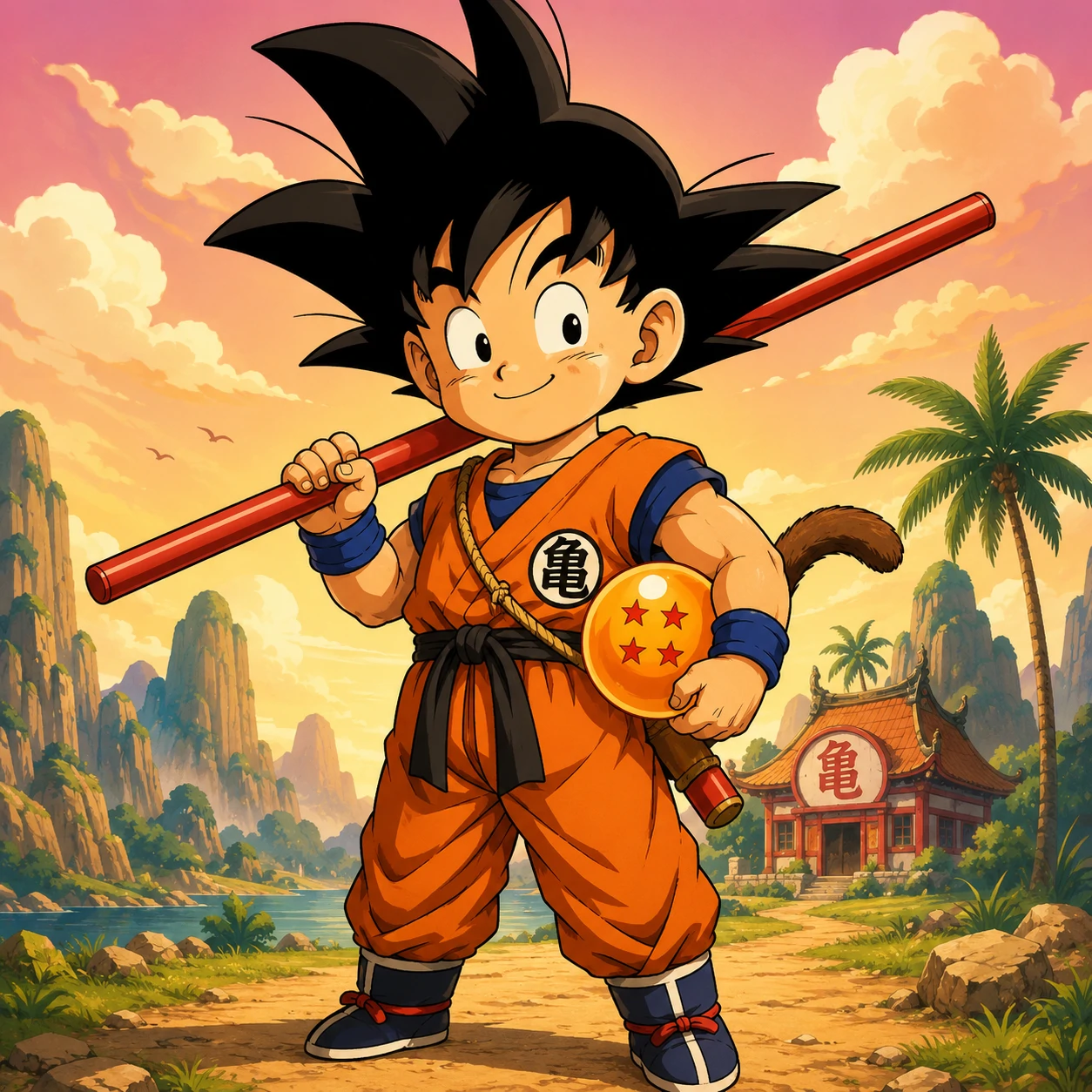Kid Goku anime avatar with power pole and four-star dragon ball.