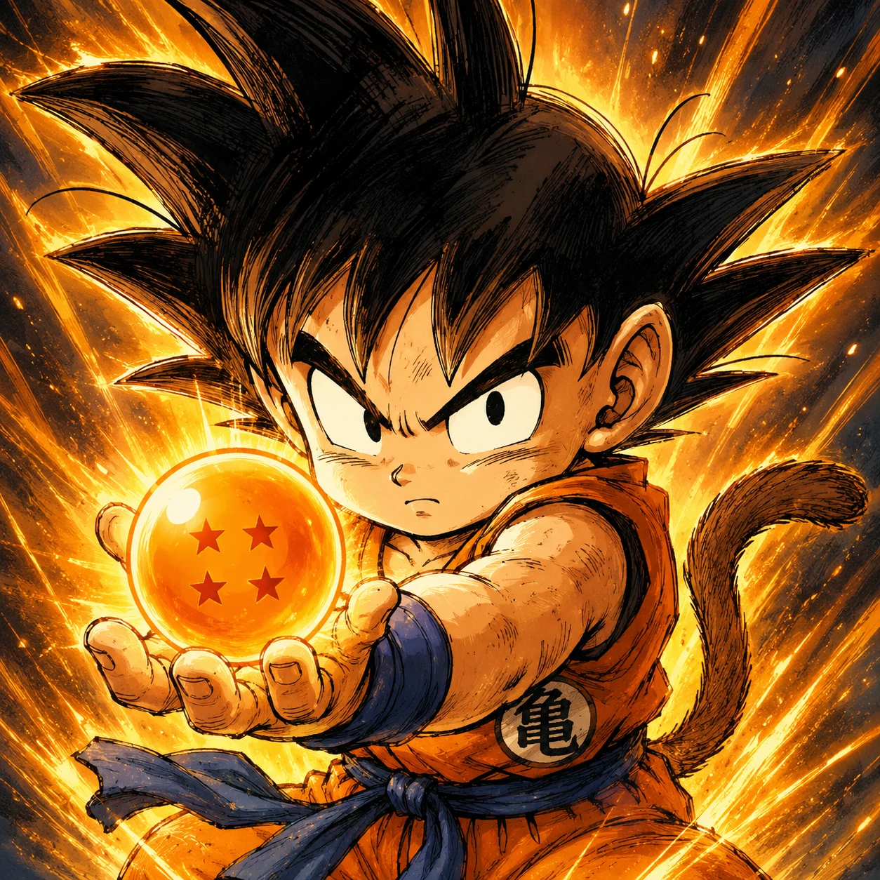 Kid Goku profile picture powering up with a dragon ball in hand.
