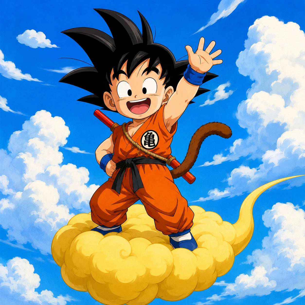 Kid Goku profile picture with fluffy clouds and blue sky behind him.