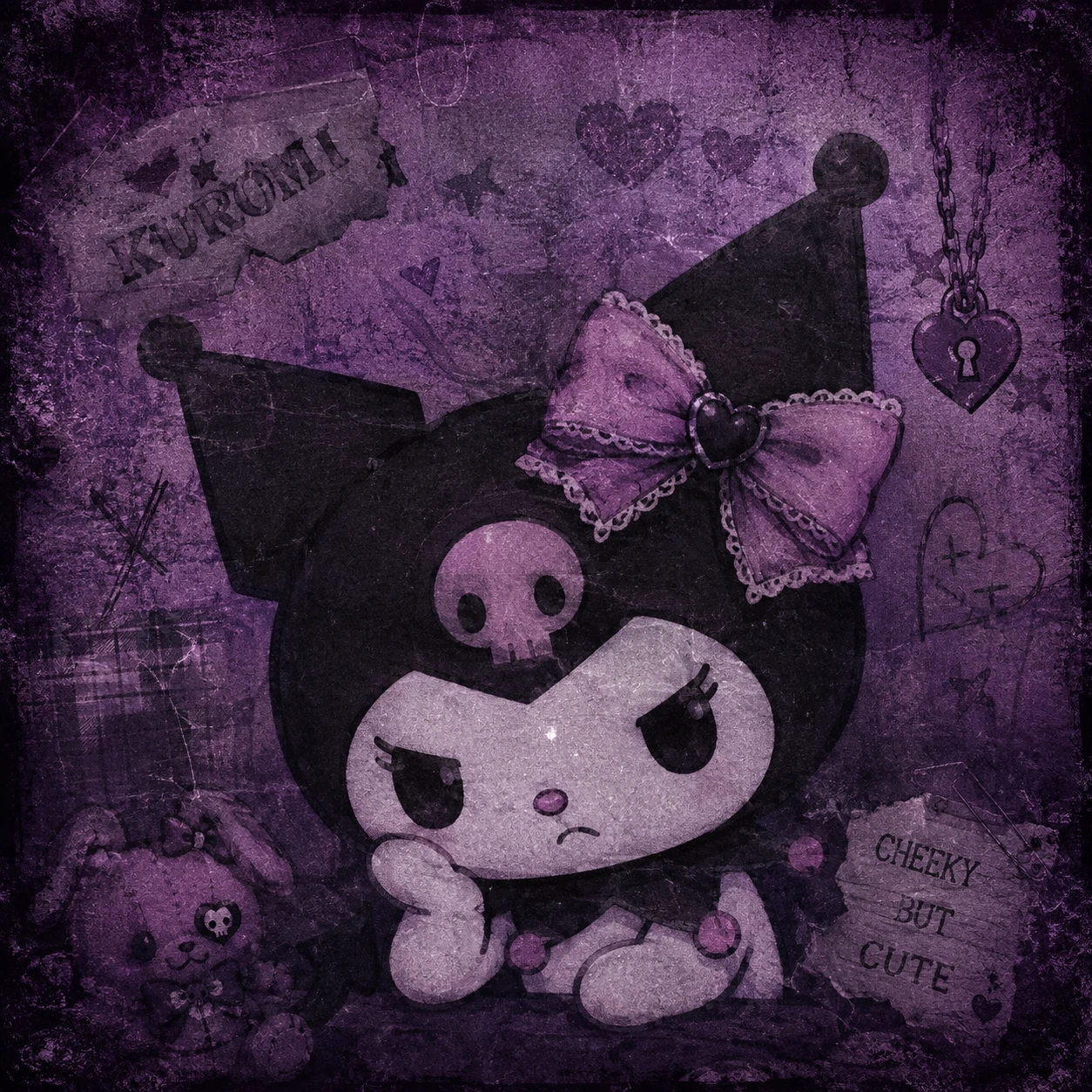 Vaporwave style Kuromi aesthetic profile picture with pink grid and retro glow.