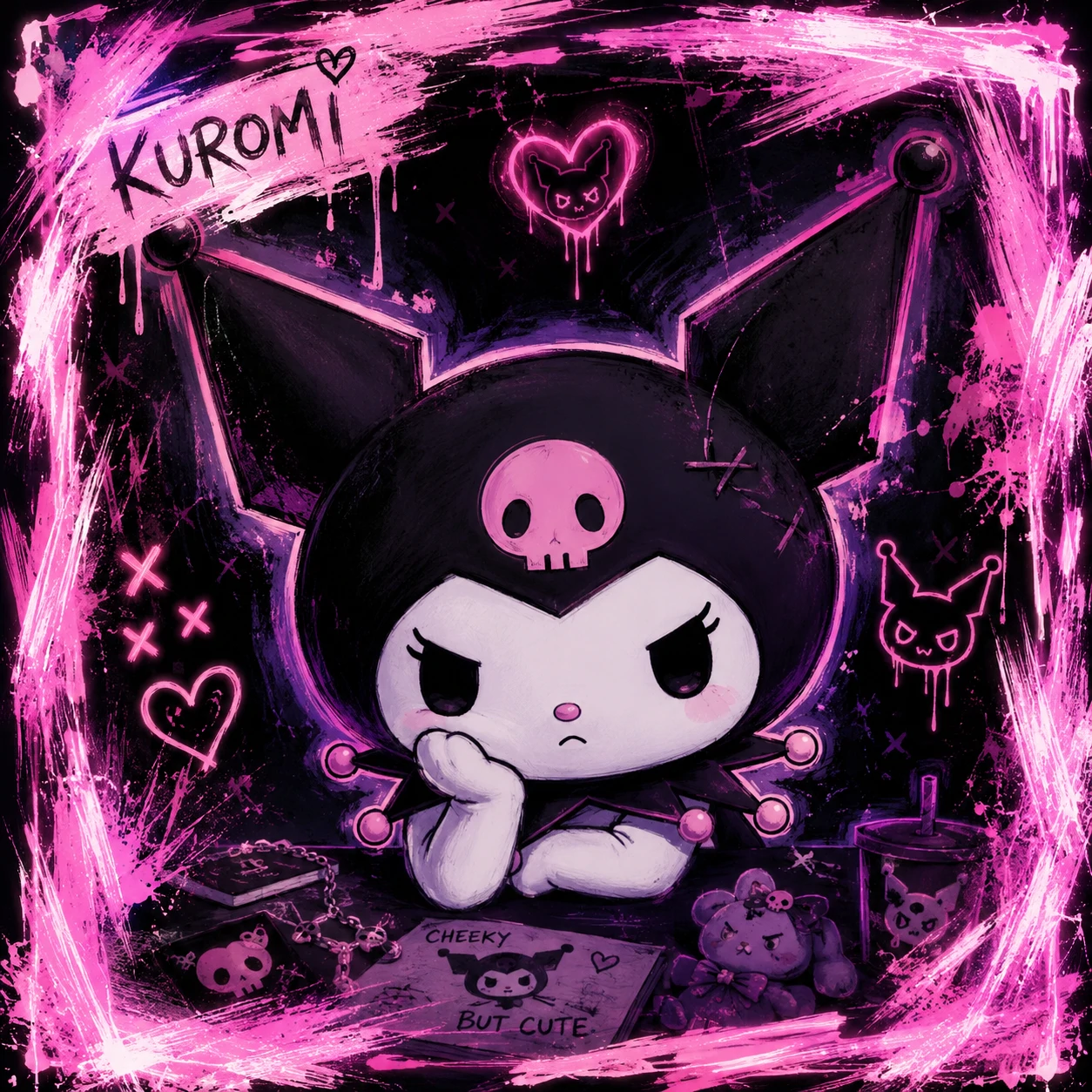 Aesthetic Kuromi profile picture framed by soft neon pink brush strokes.