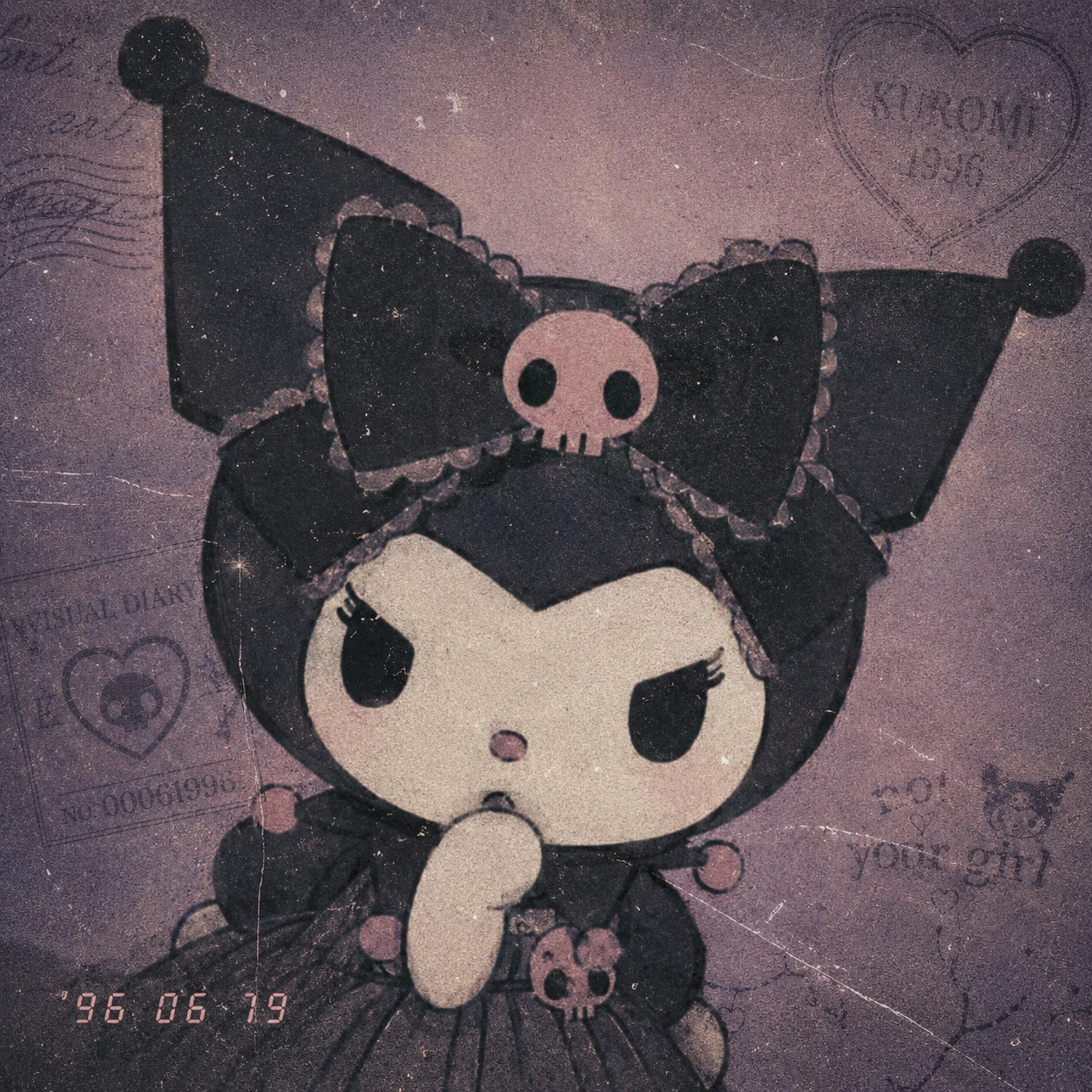 Aesthetic Kuromi PFP edit with film grain overlay and faded watermark texture.