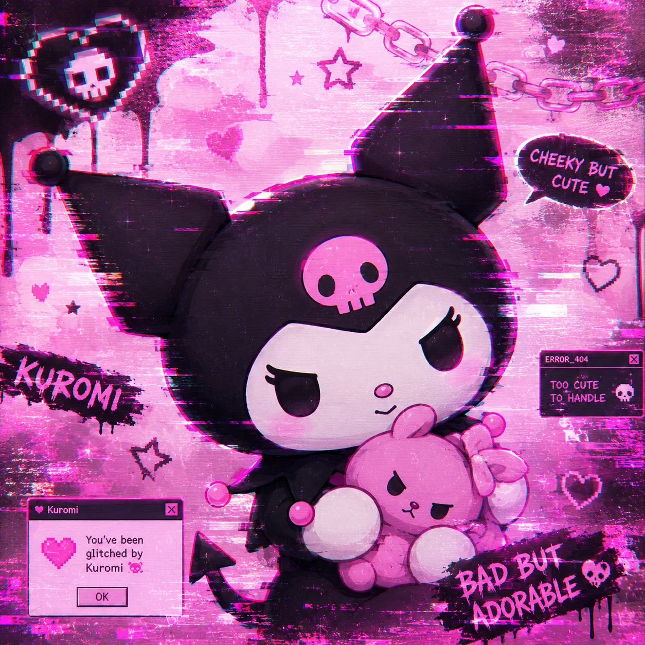 Aesthetic Kuromi profile picture with pink chromatic glitch effect and pastel haze.