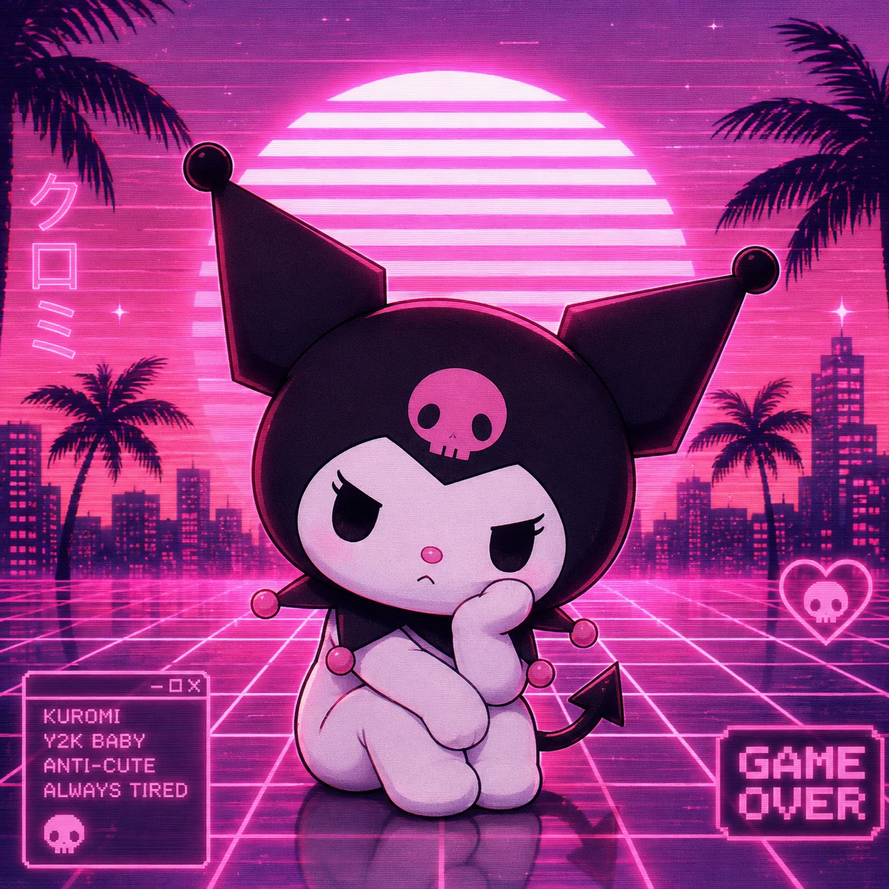 Kuromi aesthetic PFP with grunge purple texture overlay and soft vignette around the edges.