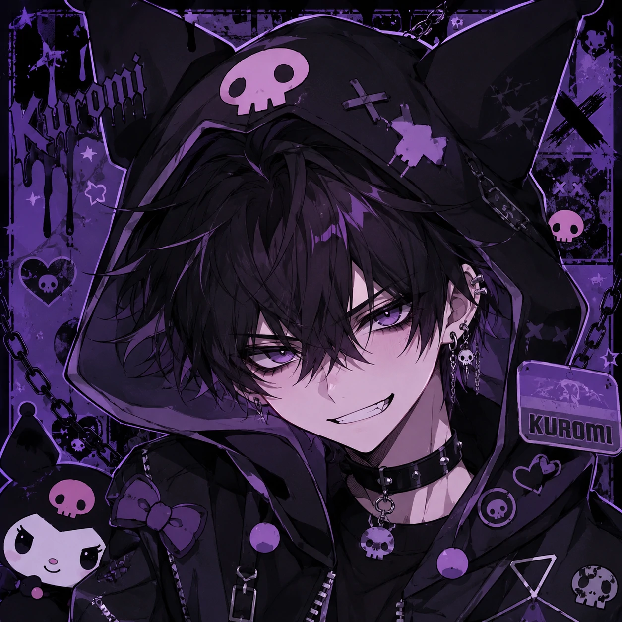 Anime boy version Kuromi PFP with short messy hair and sharp sneer.