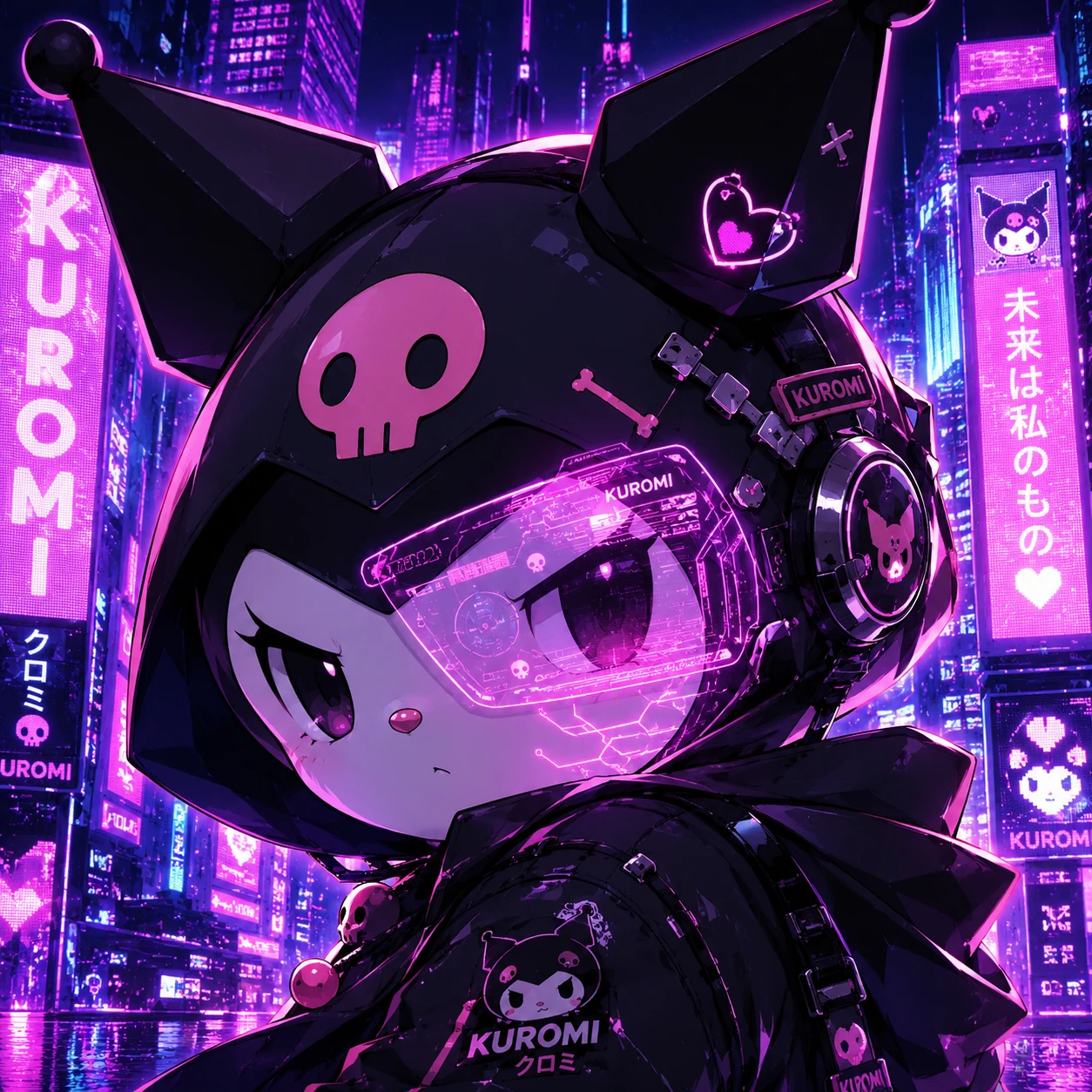 Cyberpunk anime Kuromi PFP with neon city lights and holographic visor.