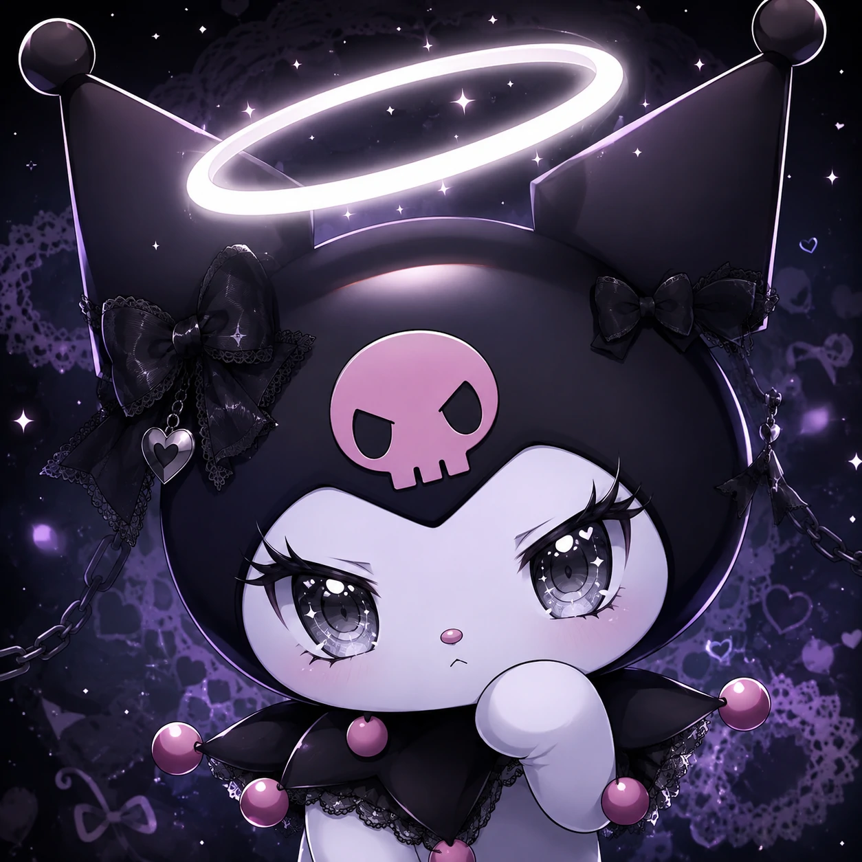 Anime-style Kuromi PFP with glowing white halo and detailed silver eyes.