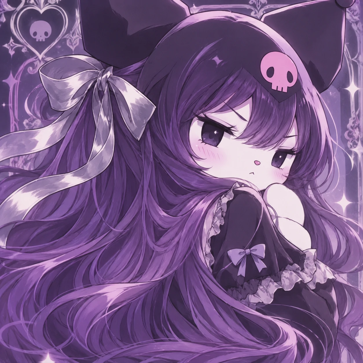 Anime Kuromi PFP with long flowing purple hair and silver ribbon bow.