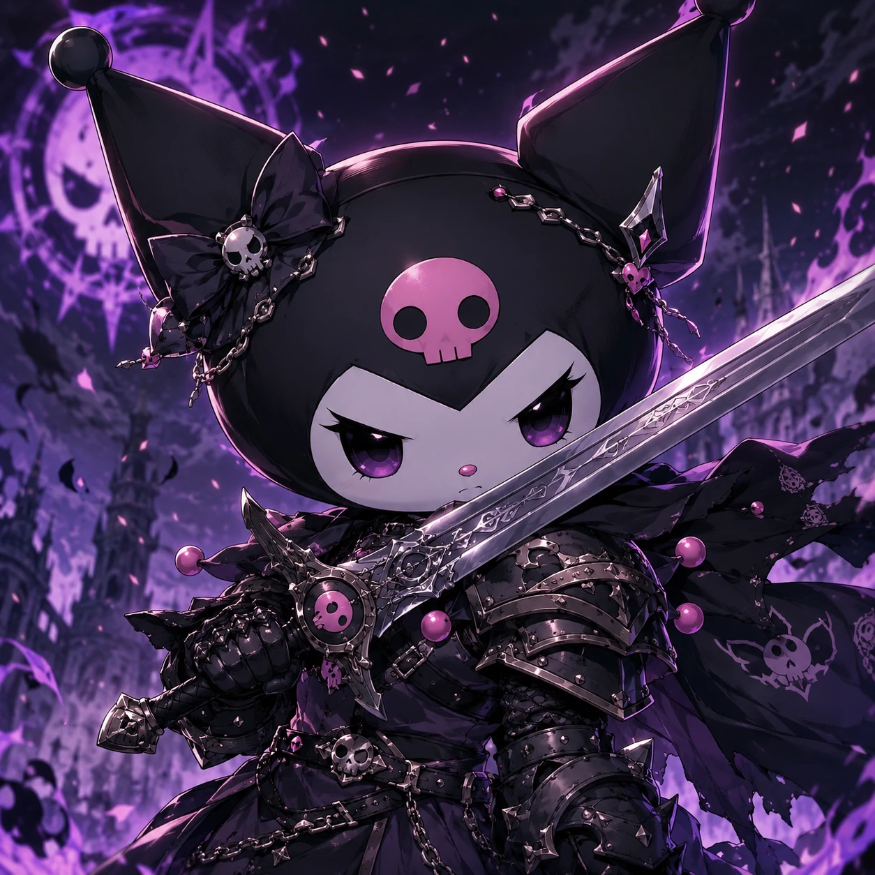 Anime warrior Kuromi PFP with silver sword and dark armour details.