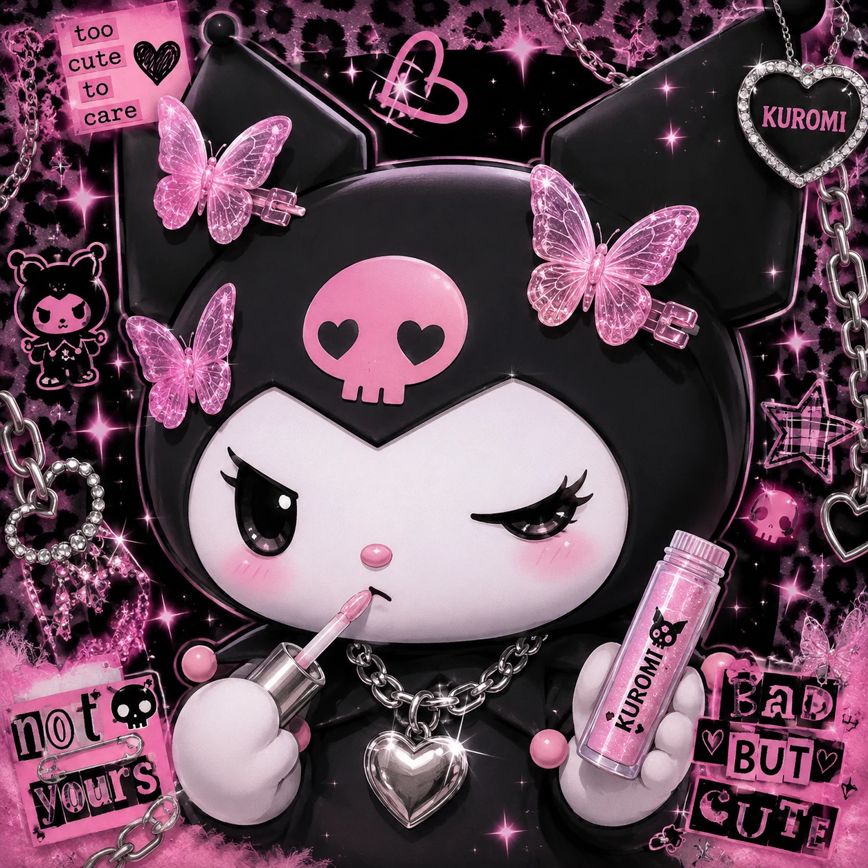 Y2K Kuromi PFP wearing pink butterfly clips and silver heart necklace.