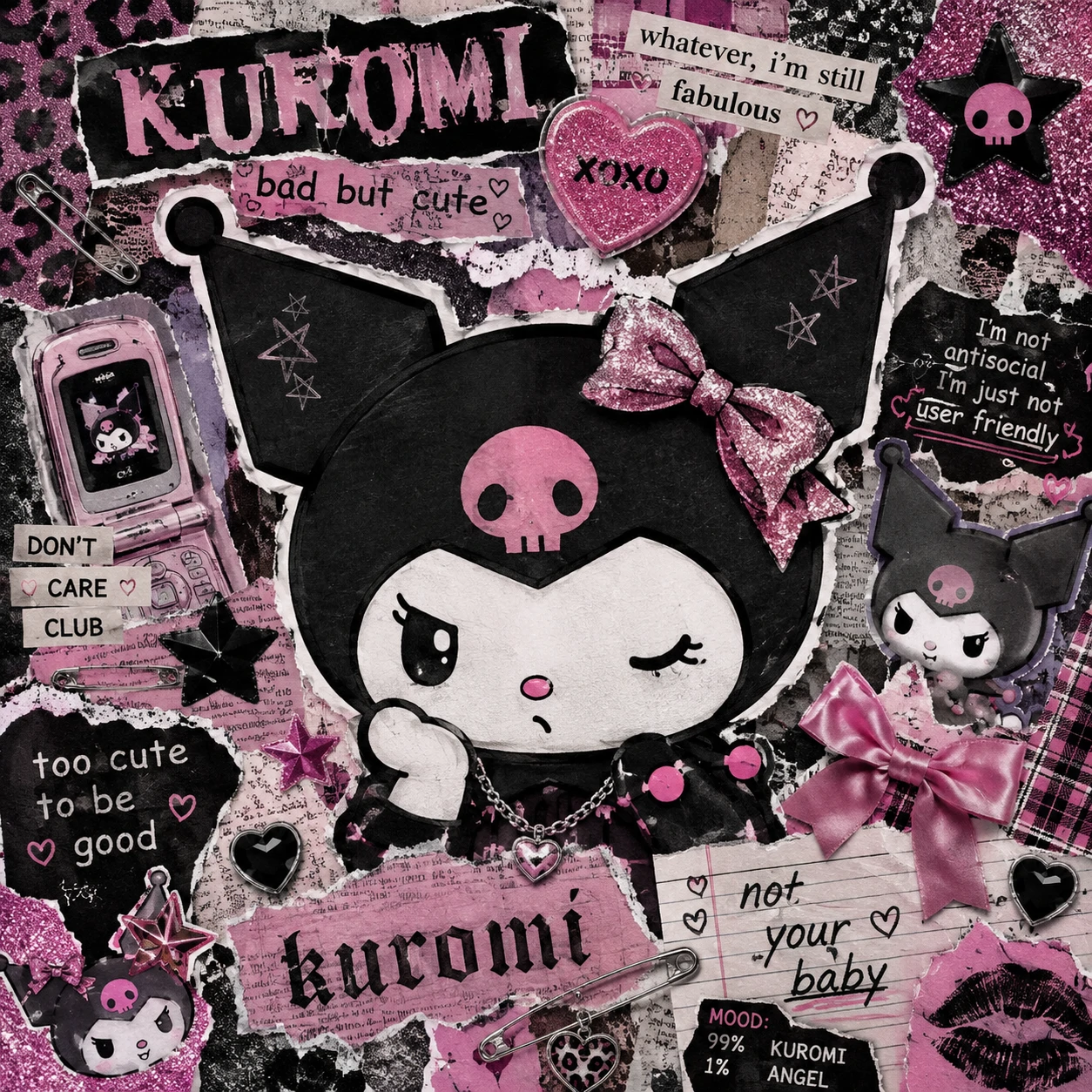 Scissors-style collage Kuromi Y2K PFP with torn magazine pieces around her.