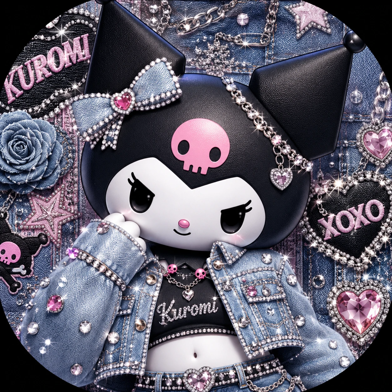 Y2K Kuromi PFP wearing cropped denim jacket with rhinestone buttons.