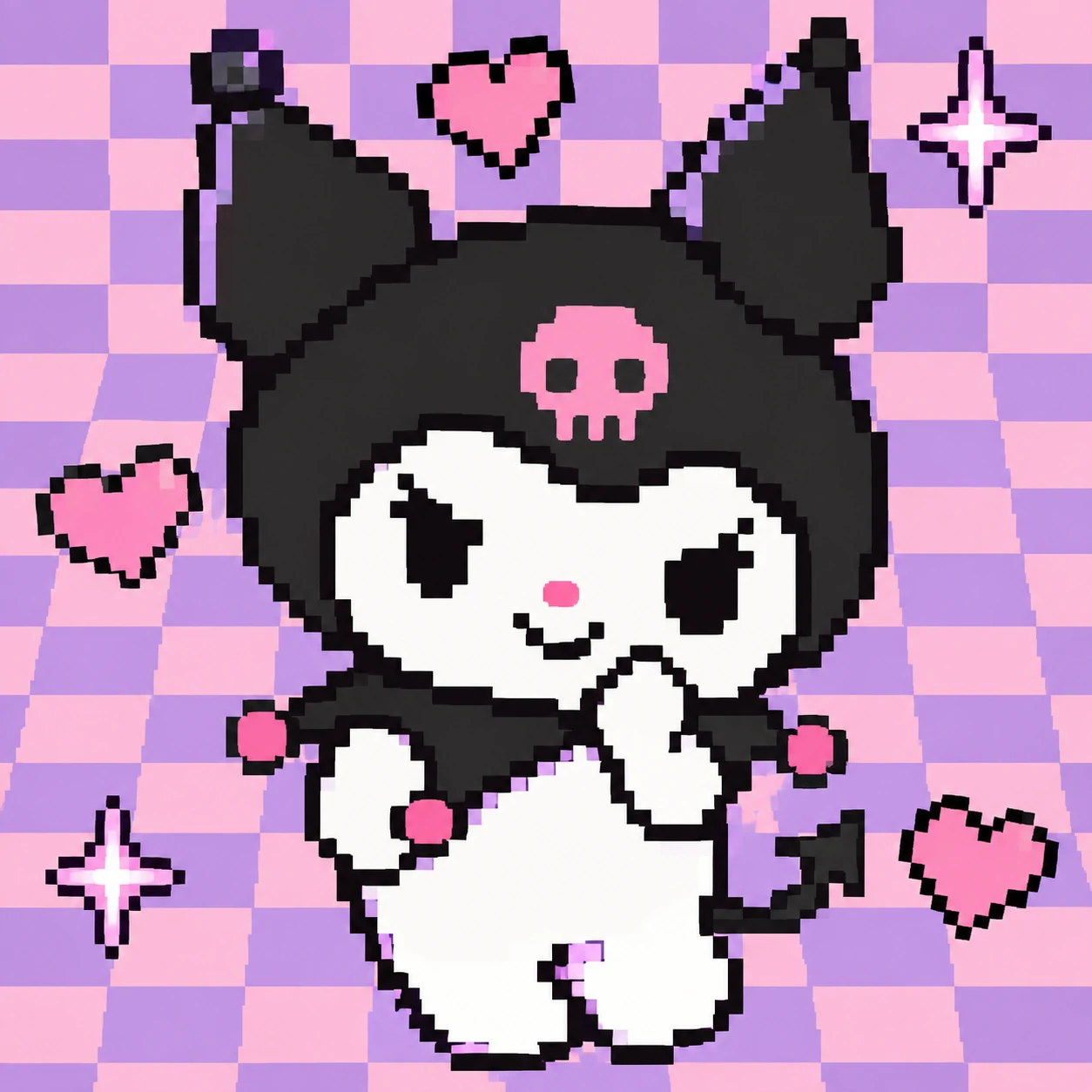 Pixel art retro Kuromi Y2K PFP with chunky pixels and pastel checker floor.