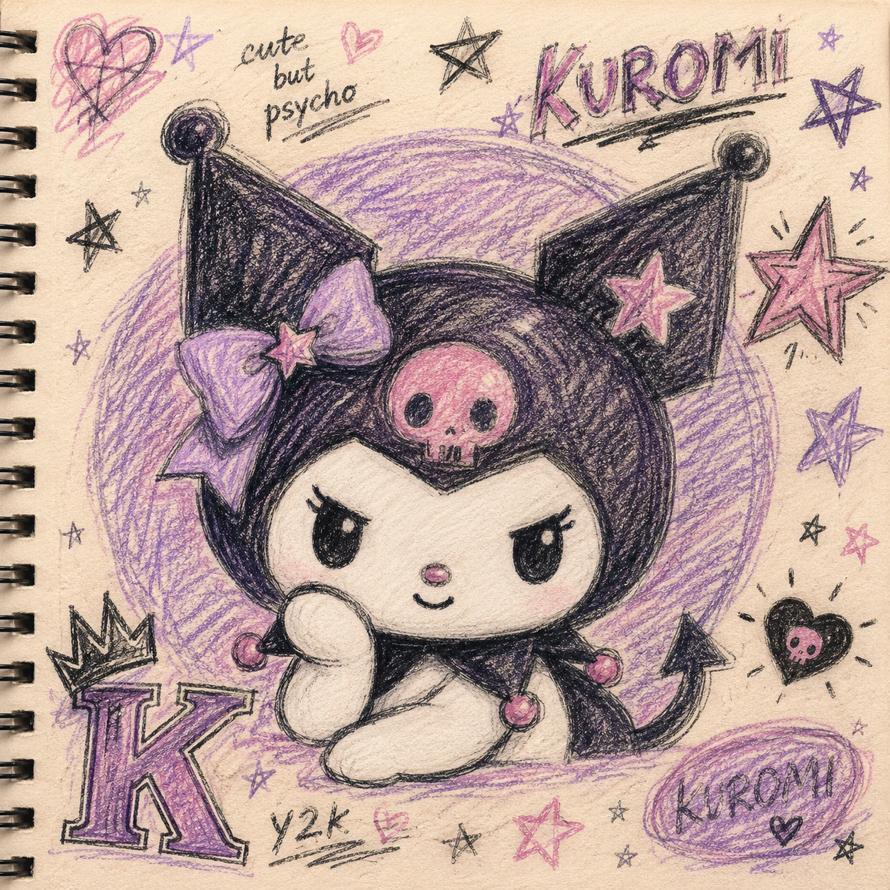 Sketch-style Y2K Kuromi PFP drawn in coloured pencil with star doodles.