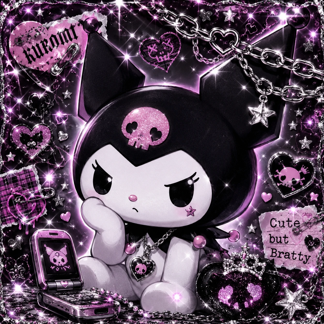 Y2K Kuromi profile picture with chunky silver sparkle overlay and chain graphic.