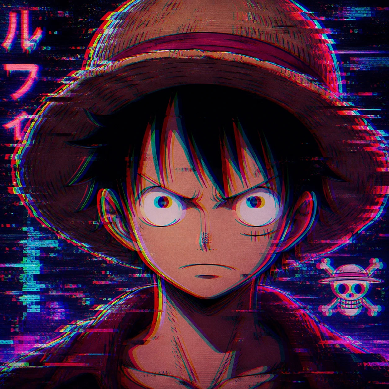 Glitch effect Luffy aesthetic PFP with RGB color split